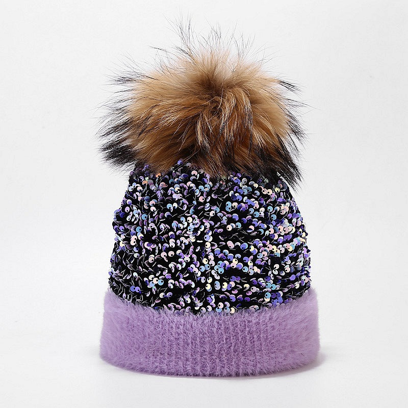 Wholesale Dyed Raccoon Fur Ball Sequin Warm Knitted Hat
